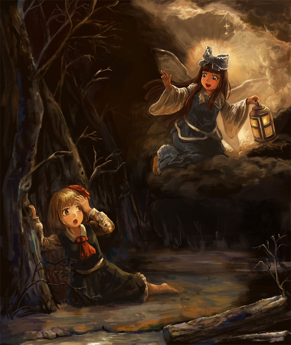 2girls amibazh arm_up barefoot black_dress blue_dress brown_eyes brown_hair clouds dirty dirty_clothes dress fairy_wings hand_on_head kneeling lantern long_hair mud multiple_girls open_mouth ribbon rumia short_hair smile star_sapphire touhou tree wings