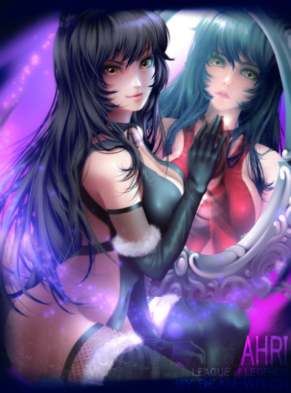 2girls ahri ass bare_shoulders bearwitch black_gloves black_hair black_legwear breasts christmas cleavage dark_persona dress elbow_gloves facial_mark fishnets gloves hair_between_eyes highres large_breasts league_of_legends lips long_hair looking_at_viewer magic mirror multiple_girls navel red_dress sideboob sitting thigh-highs trapped very_long_hair whisker_markings yellow_eyes
