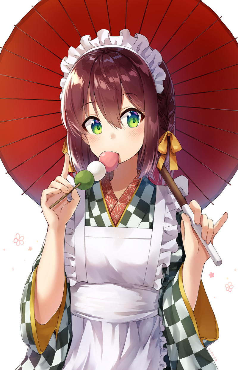 1girl apron blush braid brown_hair checkered commentary_request dango dumpling food green_eyes headband highres holding holding_umbrella japanese_clothes kappougi kimono looking_at_viewer maid nonono oriental_umbrella original side_braid skewer tagme traditional_clothes umbrella upper_body wagashi wide_sleeves