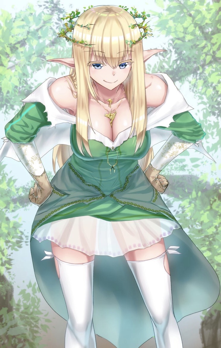 1girl bare_shoulders biibii blonde_hair blue_eyes breasts brown_gloves cleavage commentary_request crown dress elf forest gloves green_dress hands_on_hips large_breasts leaning_forward long_hair looking_at_viewer nature original pointy_ears smile solo thigh-highs white_legwear