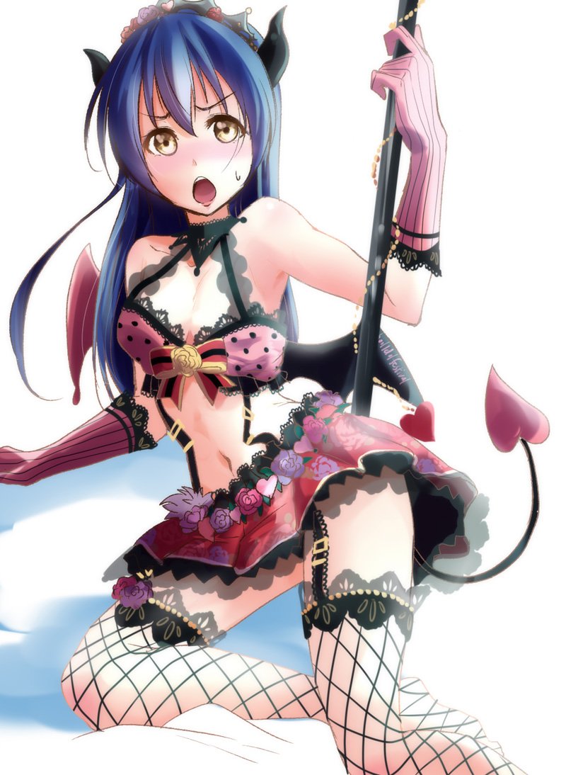 1girl ayase_eli ayase_eli_(cosplay) bangs bare_shoulders blue_hair commentary_request cosplay demon_girl demon_horns demon_tail demon_wings fishnets floral_print flower frills garter_straps gloves hair_between_eyes hair_ornament heart holding horns lace lace-trimmed_thighhighs long_hair looking_at_viewer love_live! love_live!_school_idol_festival love_live!_school_idol_project lying navel open_mouth skirt solo sonoda_umi suspender_skirt suspenders tail thigh-highs urutsu_sahari wings yellow_eyes