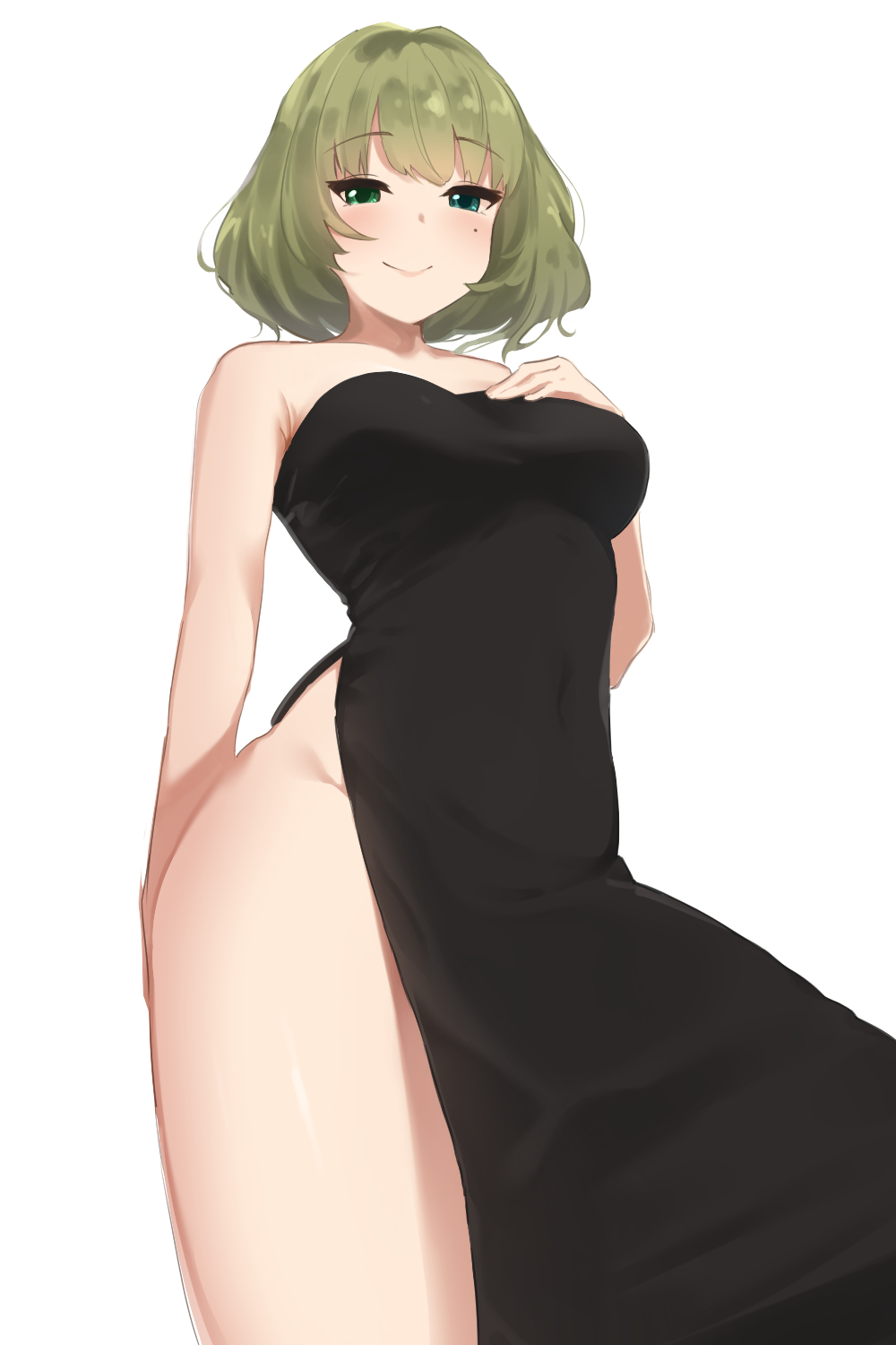 1girl bangs bare_shoulders black_dress blue_eyes blush breasts brown_hair covered_navel dress green_eyes hand_on_own_chest heterochromia highres hips idolmaster idolmaster_cinderella_girls large_breasts mole mole_under_eye senju_(snz0) short_hair side_slit simple_background smile solo takagaki_kaede thighs white_background