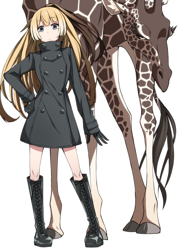 1girl alternate_costume animal bangs black_dress black_footwear black_gloves blonde_hair blue_eyes boots brown_hair buttons closed_mouth cross-laced_footwear dress eyebrows eyebrows_visible_through_hair facing_viewer full_body giraffe gloves gradient_hair hair_between_eyes hand_on_hip high_ponytail hirayama_(hirayamaniwa) kemono_friends lace-up_boots legs_apart long_hair long_sleeves looking_at_viewer multicolored_hair no_animal_ears no_horn no_tail reticulated_giraffe_(kemono_friends) short_dress simple_background solo standing tareme turtleneck white_background white_hair