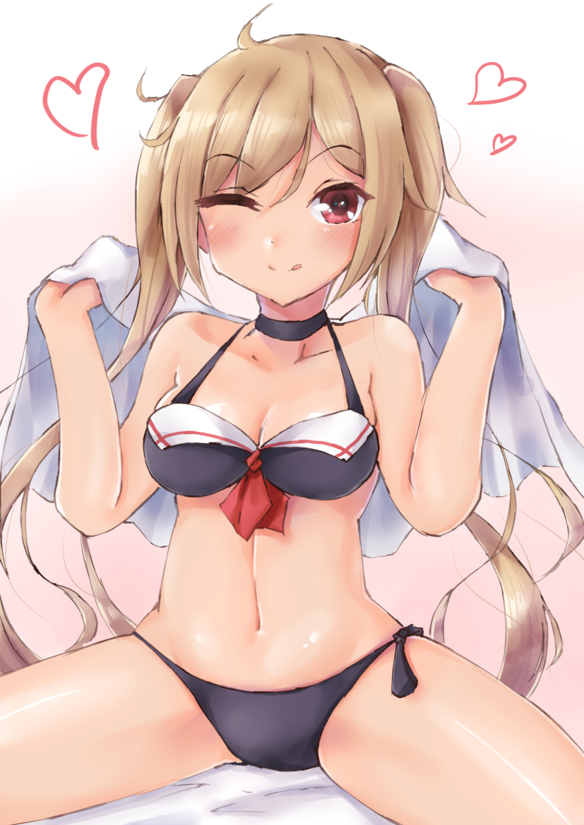 1girl ;d asake_ameji bikini black_bikini blush breasts cleavage collar collarbone heart kantai_collection light_brown_hair looking_at_viewer medium_breasts murasame_(kantai_collection) navel one_eye_closed pink_background red_eyes sitting smile solo spread_legs swimsuit tongue tongue_out towel twintails