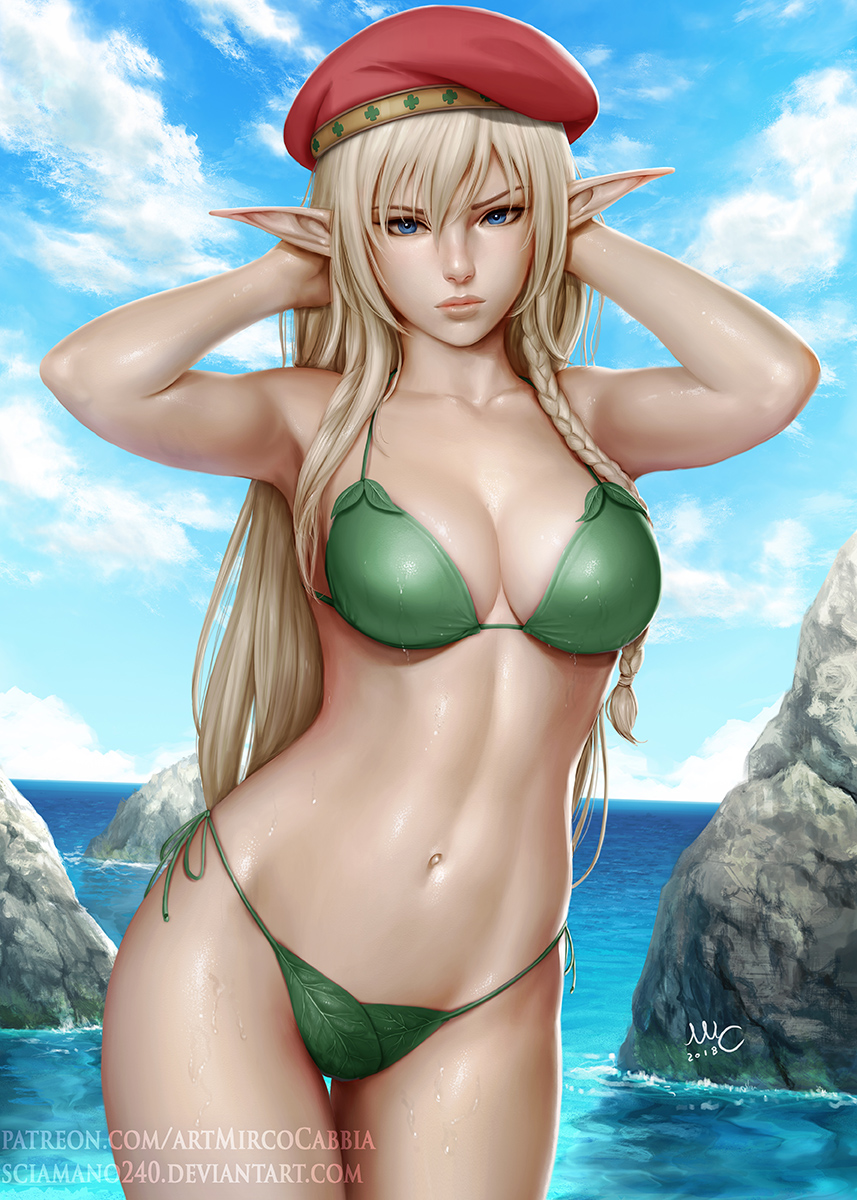 1girl alleyne_(queen's_blade) armpits arms_behind_head bare_arms bare_shoulders beret bikini blonde_hair blue_eyes blue_sky braid breasts closed_mouth clouds commentary contrapposto cowboy_shot dated deviantart_username elf green_bikini hair_between_eyes hands_up hat highres large_breasts leaf_bikini long_hair looking_at_viewer mirco_cabbia navel ocean outdoors patreon_username pointy_ears queen's_blade red_hat rock signature sky solo standing swimsuit thigh_gap wading water watermark wet