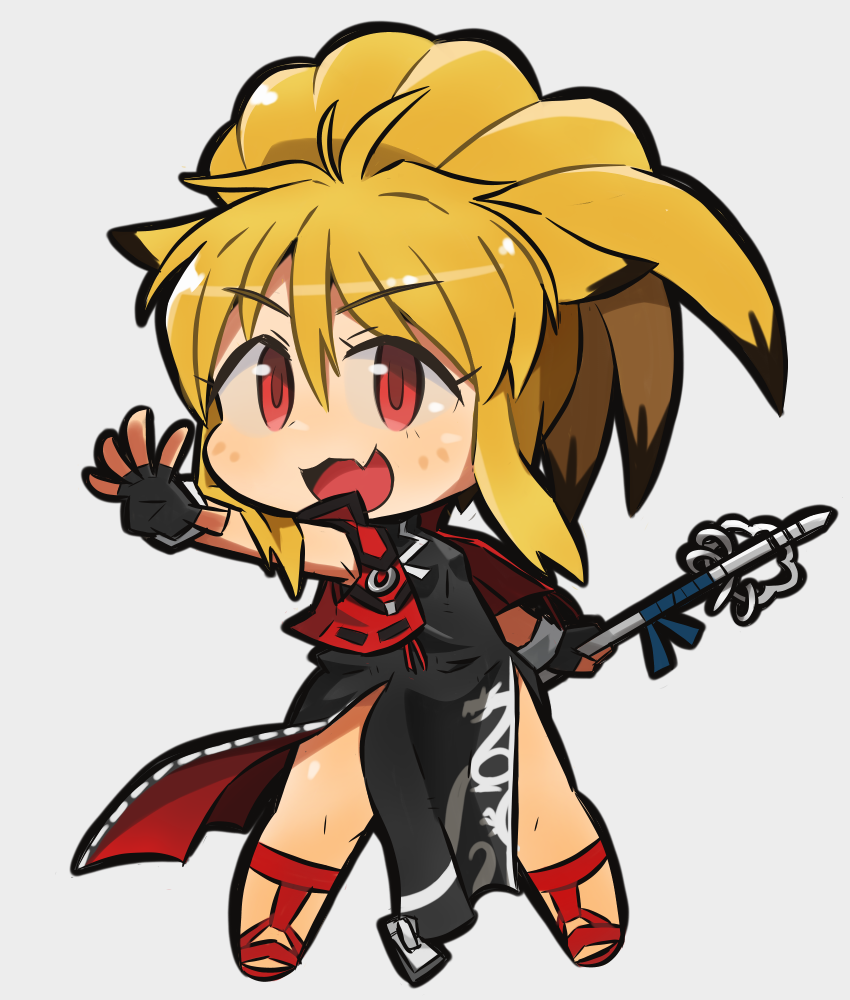 1girl animal_ears blonde_hair chibi china_dress chinese_clothes dress fang fingerless_gloves fox_ears gloves ibara. long_hair multicolored_hair namco_x_capcom open_mouth ponytail red_eyes smile solo super_robot_wars super_robot_wars_og_saga_mugen_no_frontier two-tone_hair xiaomu zipper
