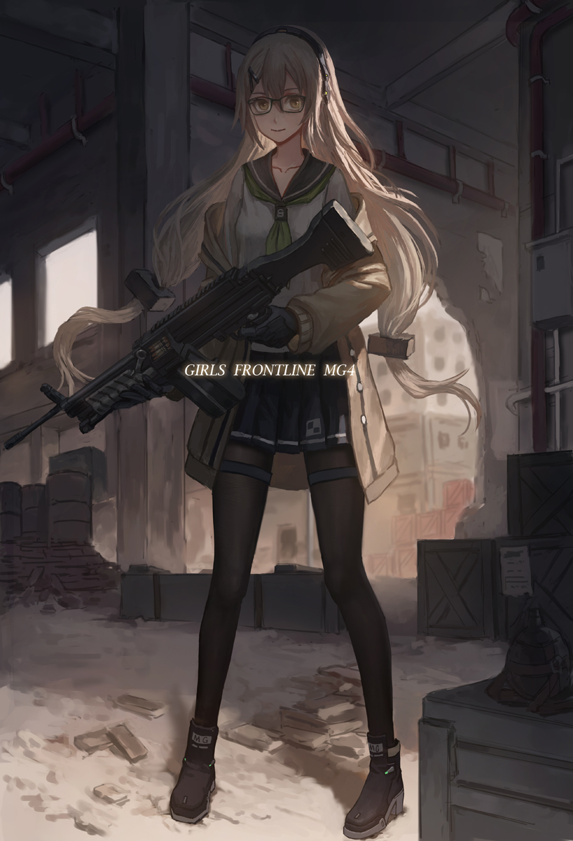 belt_feed bespectacled brown_eyes character_name girls_frontline glasses gloves gun hairband highres jacket long_hair looking_at_viewer machine_gun mg4_(girls_frontline) pantyhose ruins school_uniform silver_hair skirt smile very_long_hair weapon xukong