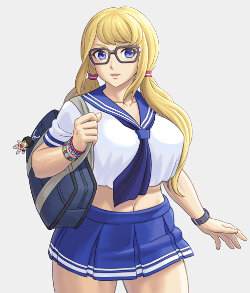 1girl alternate_costume alternate_hairstyle bag bespectacled black-framed_eyewear blonde_hair blue_eyes blue_skirt bracelet breasts charm_(object) crop_top glasses grey_background jewelry large_breasts lips long_hair low_twintails midriff navel noppo_(tarstation) pleated_skirt rainbow_mika school_bag school_uniform serafuku skirt solo street_fighter street_fighter_v twintails watch watch yamato_nadeshiko_(street_fighter)