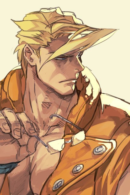 1boy blonde_hair charlie_nash closed_mouth eyeglass fingernails glasses hand_up hankuri holding jacket looking_to_the_side male_focus muscle open_eyes orange_jacket shadow short_hair solo street_fighter yellow_background