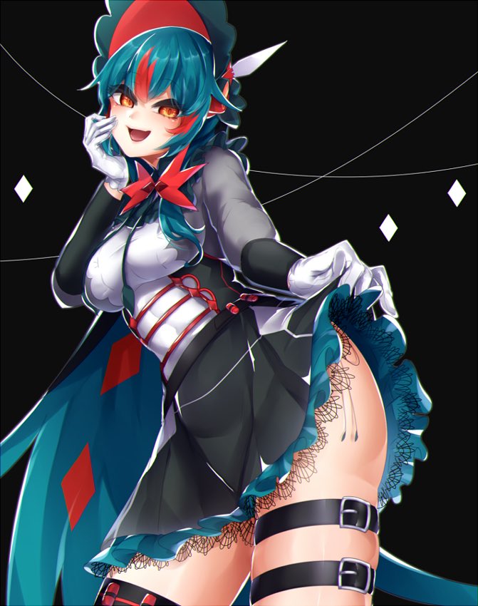 1girl alternate_color belt belt_buckle black_belt black_skirt blue_hair breasts buckle decidueye gloves hime_(ohime_pkg) legs_apart lifted_by_self medium_breasts miniskirt multicolored_hair orange_eyes personification pokemon pokemon_(game) pokemon_sm redhead shiny_pokemon short_hair skirt skirt_lift solo standing streaked_hair taut_clothes thigh_strap two-tone_hair white_gloves