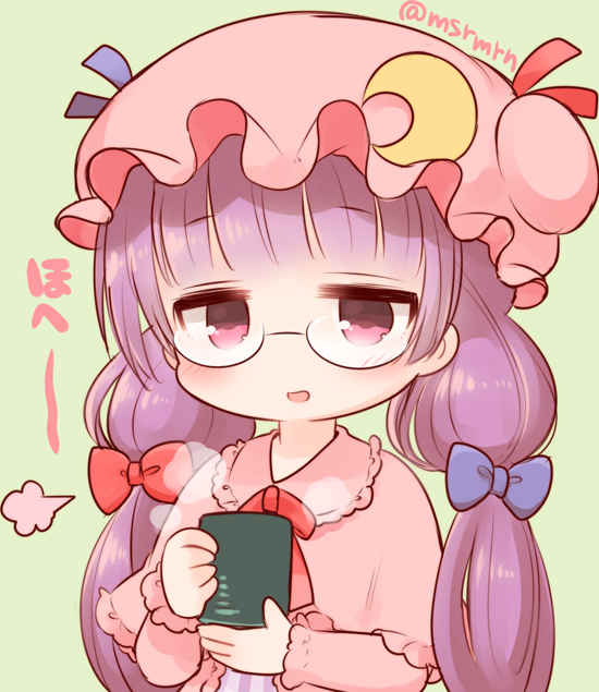 1girl bangs bespectacled blue_bow blunt_bangs blush bow capelet crescent cup double_bun dress eyebrows_visible_through_hair glasses green_background hair_bow hat holding holding_cup long_hair long_sleeves looking_at_viewer low_twintails marshmallow_mille mob_cap parted_lips patchouli_knowledge pink_capelet pink_dress pink_eyes pink_hat purple_hair red_bow red_ribbon ribbon simple_background smile solo steam touhou twintails twitter_username very_long_hair yunomi