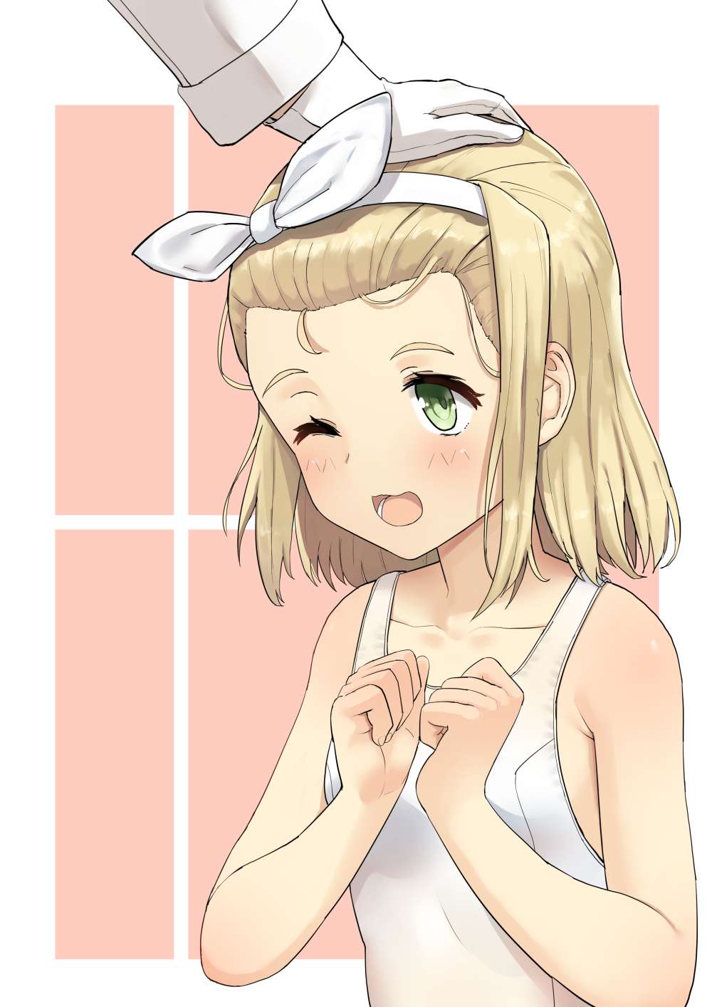 1girl blonde_hair collarbone green_eyes hairband highres i-504_(kantai_collection) kantai_collection luigi_torelli_(kantai_collection) one_eye_closed open_mouth school_swimsuit short_hair smile soil_chopsticks solo_focus swimsuit white_hairband white_school_swimsuit white_swimsuit