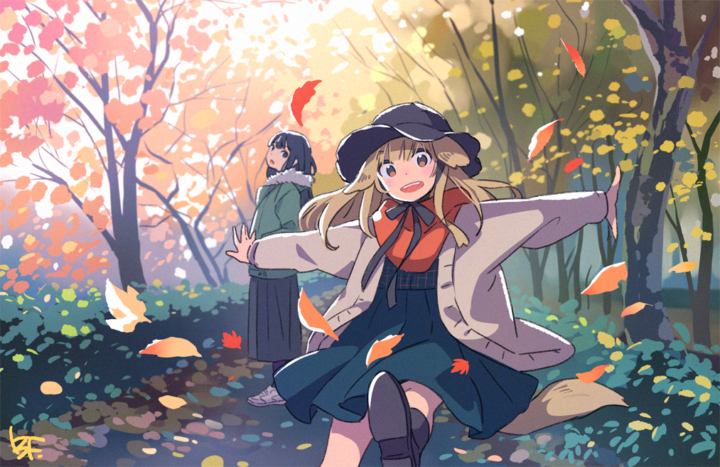 2girls animal_ears autumn autumn_leaves bf._(sogogiching) black_eyes black_hair black_hat blonde_hair blush brown_eyes bush cardigan dog_ears dog_tail hand_in_pocket hat jacket kicking leaf long_hair long_skirt long_sleeves looking_at_viewer looking_to_the_side multiple_girls nature open_cardigan open_clothes open_mouth original outdoors outstretched_arms park scarf shoes skirt smile sneakers spread_arms sun_hat sweater tagme tail tree
