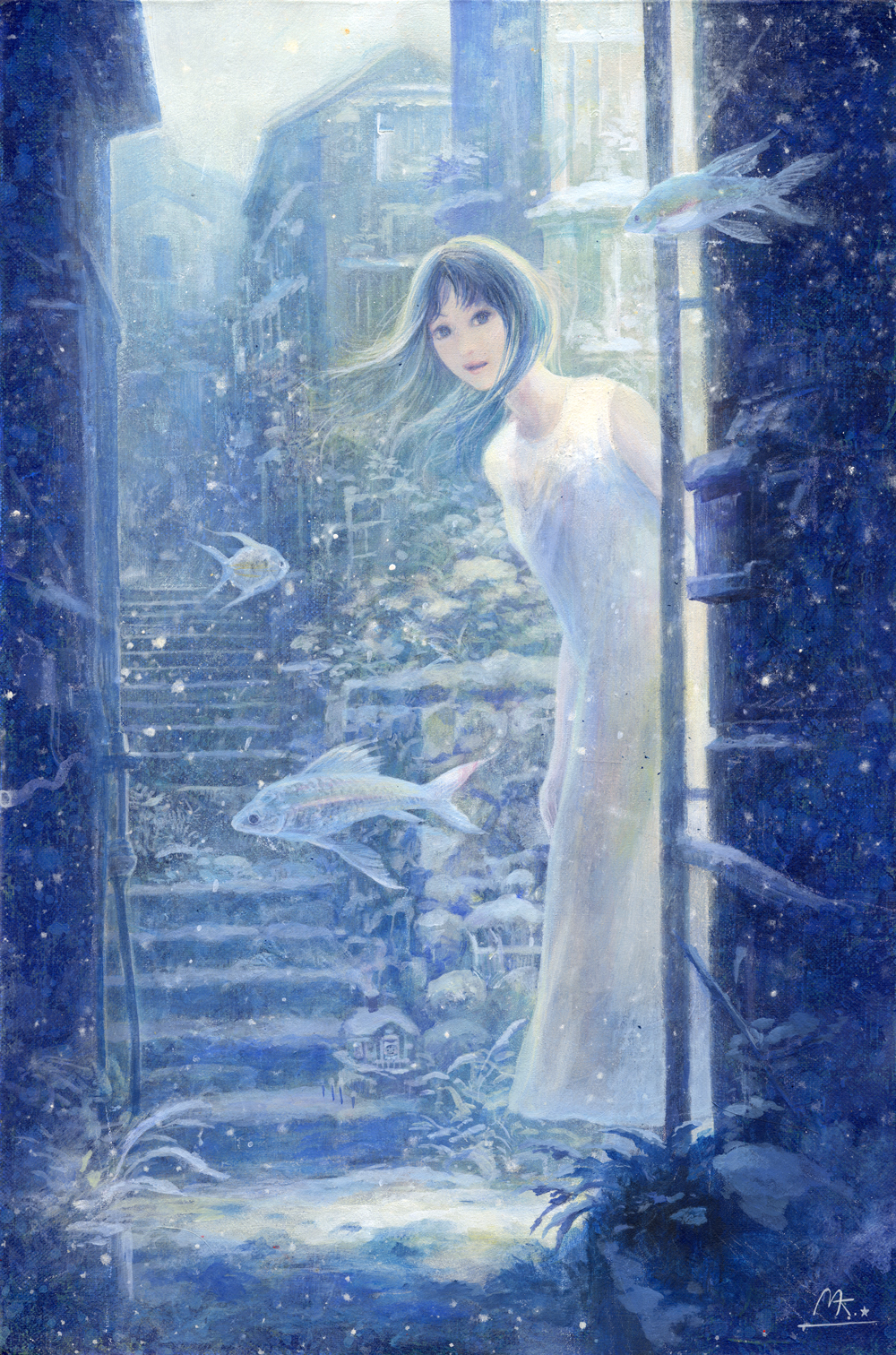 1girl acrylic_paint_(medium) animal artist_request bangs bare_shoulders blue building commentary_request dress fish full_body highres house leaning_forward looking_at_viewer open_mouth original outdoors road scenery signature sleeveless smile snow snowing solo stairs standing street tagme traditional_media white_dress