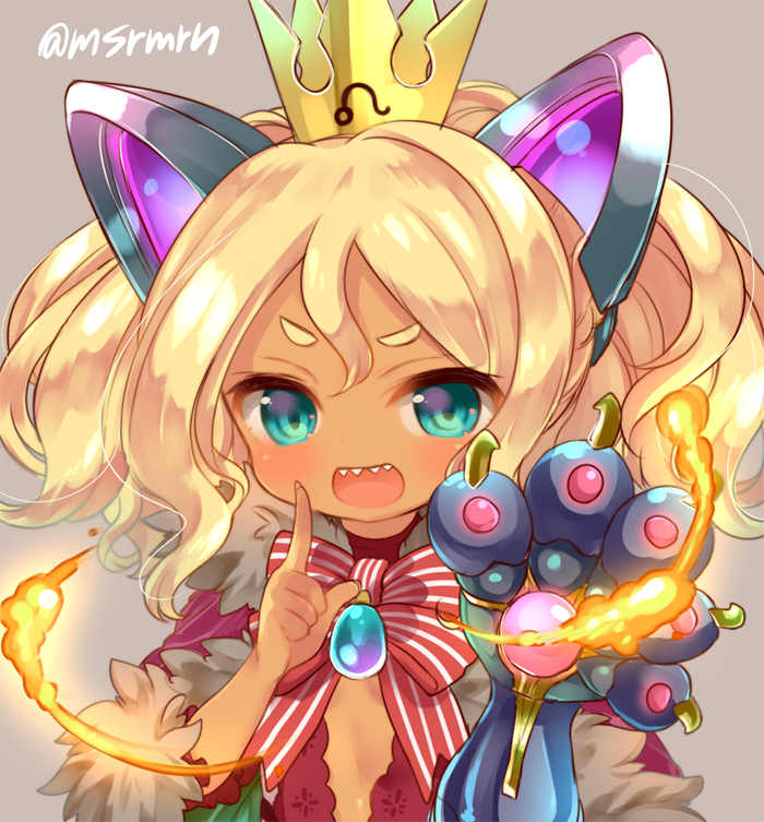 :d animal_ears bangs blonde_hair blue_eyes bow brown_background capelet crown dark_skin denebola_(p&amp;d) fake_animal_ears fingernails fire fur-trimmed_capelet fur_trim hair_between_eyes index_finger_raised long_hair looking_at_viewer marshmallow_mille mini_crown open_mouth purple_capelet puzzle_&amp;_dragons red_bow sharp_teeth simple_background smile striped striped_bow teeth thick_eyebrows twitter_username