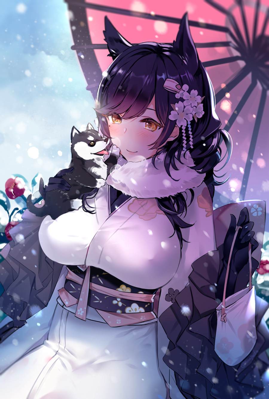 1girl animal_ears atago_(azur_lane) azur_lane bag black_gloves black_hair breasts catsizuru dog frilled_sleeves frills gloves hair_ornament handbag highres japanese_clothes large_breasts long_hair mole mole_under_eye smile snow snowing solo umbrella wide_sleeves yellow_eyes