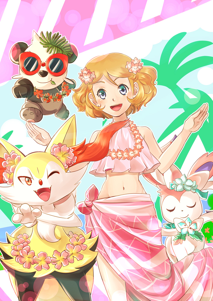 1girl :d ;d blue_eyes braixen closed_eyes flower hair_flower hair_ornament hands_up head_wreath konna-nani lei light_brown_hair midriff mouth_hold navel one_eye_closed open_mouth pancham pokemon pokemon_(anime) pokemon_(creature) pokemon_(game) pokemon_xy pokemon_xy_(anime) red-framed_eyewear serena_(pokemon) short_hair smile standing sunglasses sylveon