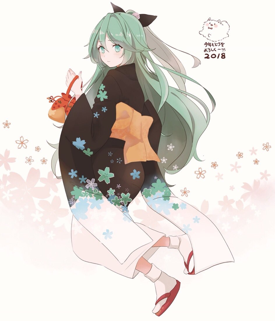 1girl 2018 bag commentary_request floral_background floral_print furisode green_eyes green_hair handbag japanese_clothes kantai_collection kimono long_hair looking_at_viewer looking_back obi sandals sash shakemi_(sake_mgmgmg) solo tabi yamakaze_(kantai_collection) year_of_the_dog