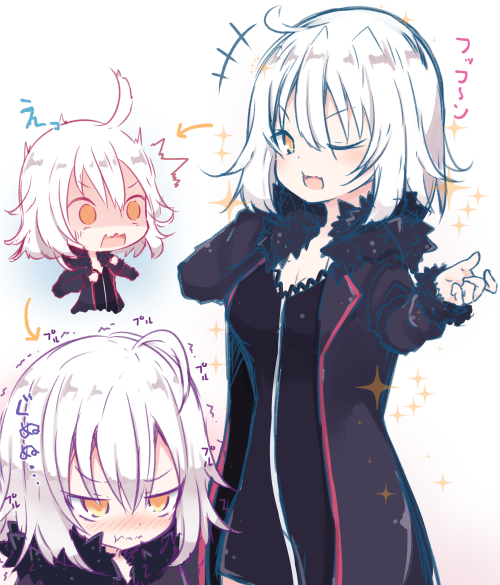 +++ /\/\/\ 1girl :t ;d ahoge bangs beni_shake black_coat black_dress blush closed_mouth coat dress eyebrows_visible_through_hair fate/grand_order fate_(series) fur-trimmed_coat fur-trimmed_sleeves fur_trim hair_between_eyes jeanne_d'arc_(alter)_(fate) jeanne_d'arc_(fate)_(all) long_hair long_sleeves looking_at_viewer multiple_views one_eye_closed open_clothes open_coat open_mouth orange_eyes pout smile sparkle surprised trembling wavy_mouth white_hair