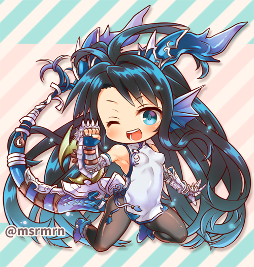 1girl ;d arm_up armpits bangs bare_shoulders black_hair black_legwear blue_eyes blue_footwear blue_gloves blue_hair blush breasts china_dress chinese_clothes commentary_request diagonal-striped_background diagonal_stripes dragon_girl dragon_horns dragon_tail dress eyebrows_visible_through_hair fingerless_gloves gauntlets gloves gradient_hair head_fins horns karin_(p&amp;d) kneeling long_hair looking_at_viewer marshmallow_mille medium_breasts multicolored_hair one_eye_closed open_mouth pantyhose puzzle_&amp;_dragons ribbon shoes sleeveless sleeveless_dress smile solo spikes tail tail_ribbon twitter_username very_long_hair white_dress white_ribbon