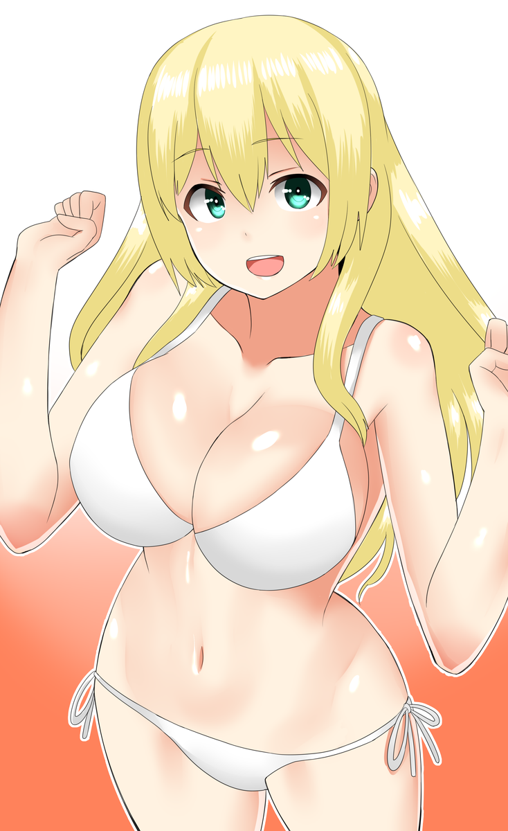 1girl 30-06 atago_(kantai_collection) bikini blonde_hair blue_eyes breasts cleavage cowboy_shot gradient gradient_background highres kantai_collection large_breasts long_hair looking_at_viewer lowleg lowleg_bikini navel open_mouth red_background side-tie_bikini smile solo standing swimsuit w_arms white_background white_bikini