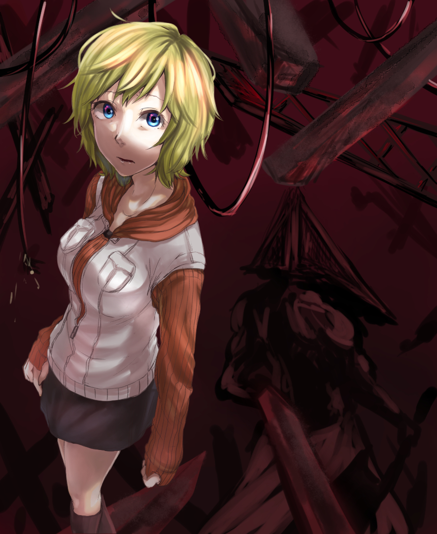 1boy 1girl apron blonde_hair boots commentary_request hat heather_mason helmet jacket miniskirt monster pyramid_head sakaki_kage short_hair silent_hill silent_hill_(movie) skirt vest