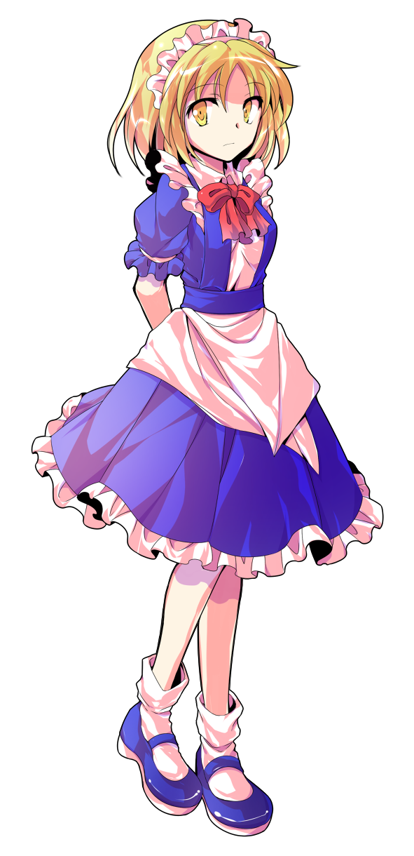 1girl alphes_(style) apron arms_behind_back bangs blonde_hair blue_dress blue_footwear bobby_socks bow bowtie dairi dress eyebrows eyebrows_visible_through_hair facing_away frilled_dress frilled_sleeves frills frown full_body hair_between_eyes highres looking_away looking_to_the_side maid maid_apron maid_headdress mary_janes mugetsu parody puffy_short_sleeves puffy_sleeves red_bow red_neckwear shoes short_hair short_sleeves simple_background socks solo standing style_parody touhou touhou_(pc-98) transparent_background waist_apron white_apron white_legwear yellow_eyes