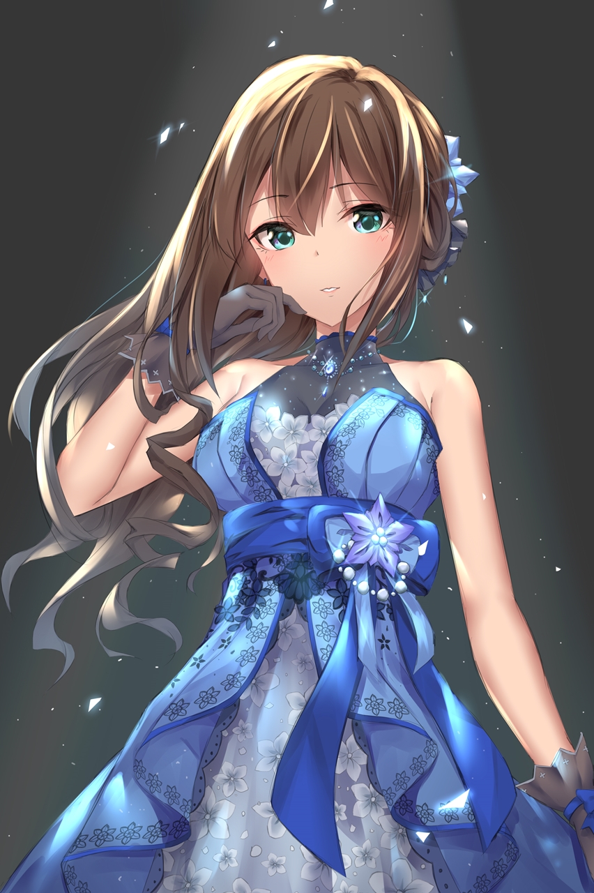 1girl bare_shoulders black_background black_gloves blue_dress breasts brown_hair dress gloves green_eyes hair_ornament highres idolmaster idolmaster_cinderella_girls idolmaster_cinderella_girls_starlight_stage long_hair looking_at_viewer medium_breasts parted_lips seedkeng shibuya_rin solo