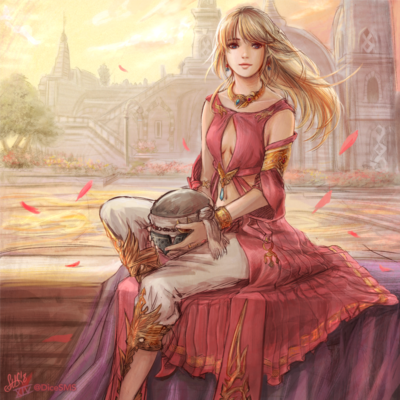 1girl blonde_hair blue_eyes building center_opening choker dicesms final_fantasy final_fantasy_xiv long_hair looking_at_viewer lyse_(ffxiv) midriff navel outdoors petals ponytail sitting solo