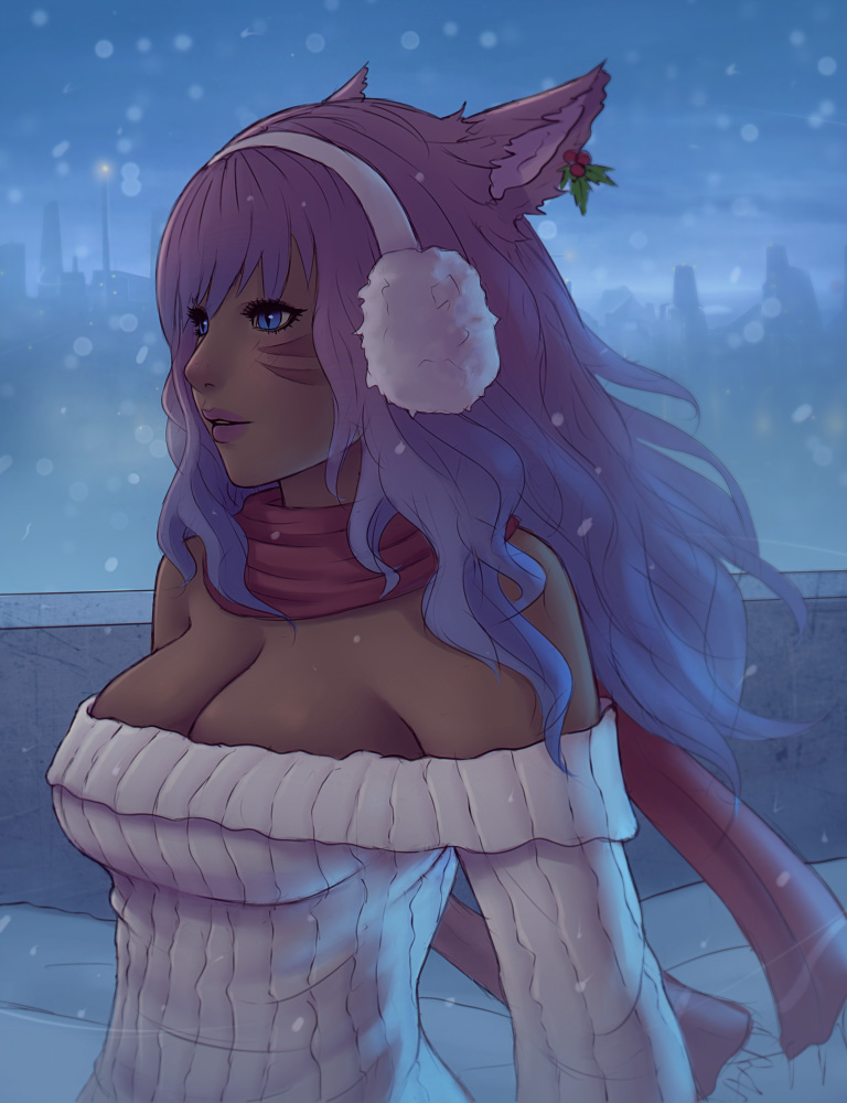 1girl animal_ears bare_shoulders blue_eyes breasts cat_ears cleavage commission dark_skin earmuffs earrings facial_mark final_fantasy final_fantasy_xiv jewelry long_hair medium_breasts miqo'te night off-shoulder_sweater outdoors parted_lips purple_hair ribbed_sweater scarf slit_pupils snowing solo soranamae sweater upper_body