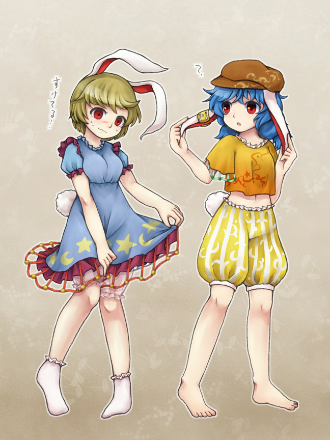 2girls :o ? animal_ears bangs bare_legs barefoot blonde_hair bloomers blue_dress blue_hair breasts brown_hat bunny_tail cabbie_hat closed_mouth cosplay costume_switch crescent_moon crop_top crossed_bangs dress dress_lift ear_clip eyebrows eyebrows_visible_through_hair facing_away floppy_ears frilled_dress frilled_shirt frilled_shorts frilled_sleeves frills gradient gradient_background hat knees_together_feet_apart legs_apart lifted_by_self long_hair looking_down medium_breasts moon moon_print multicolored multicolored_clothes multicolored_shorts multiple_girls navel open_mouth orange_shirt outline pigeon-toed puffy_short_sleeves puffy_shorts puffy_sleeves rabbit_ears raised_eyebrow red_eyes ringo_(touhou) ringo_(touhou)_(cosplay) seiran_(touhou) seiran_(touhou)_(cosplay) shirt short_hair short_sleeves shorts socks standing star star_print stomach striped striped_shorts sweat tail tareme touhou underwear vertical_stripes wavy_mouth white_bloomers white_footwear white_outline white_shorts yellow_shorts ys_(fall)