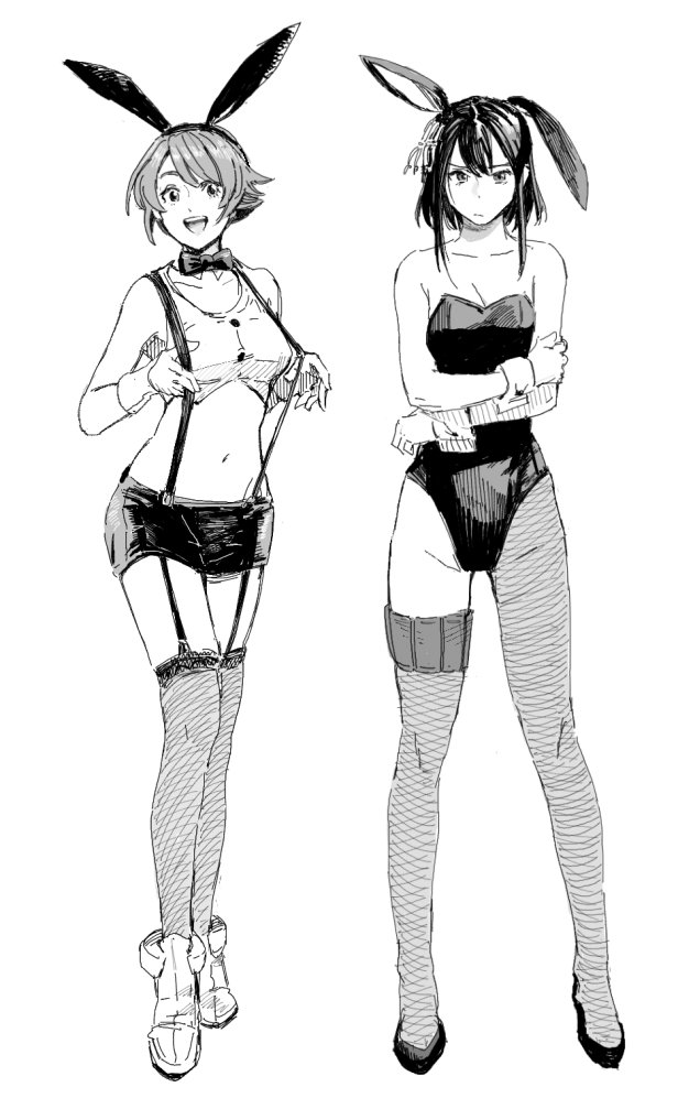 2girls alternate_costume animal_ears bare_shoulders bow bowtie breasts bunny_girl bunny_tail bunnysuit cleavage commentary_request detached_collar fake_animal_ears fishnet_pantyhose fishnets full_body greyscale hair_ornament hairband hiro_(chumo) kantai_collection large_breasts leotard looking_at_viewer midriff monochrome multiple_girls mutsu_(kantai_collection) open_mouth pantyhose rabbit_ears short_hair smile strapless strapless_leotard tail wrist_cuffs yamashiro_(kantai_collection)
