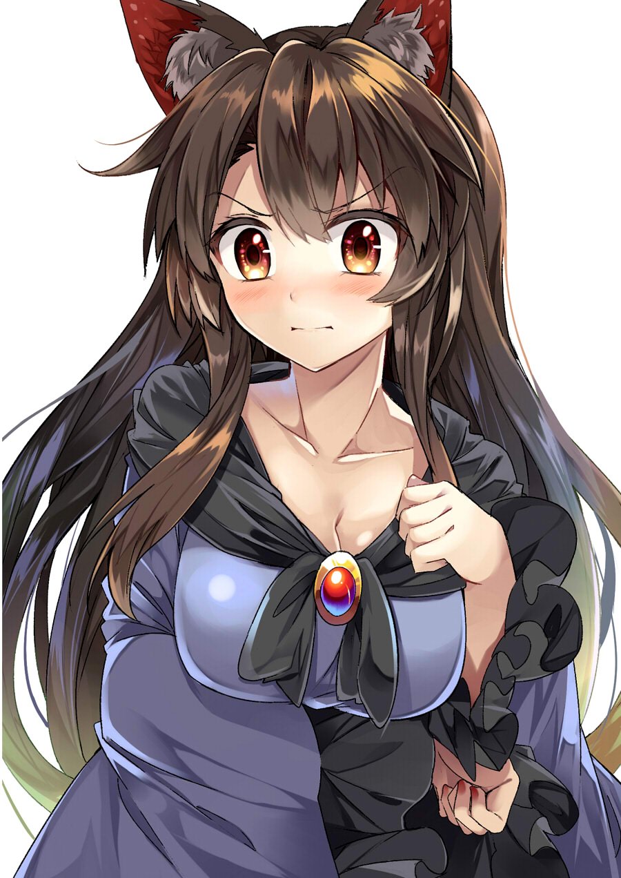 &gt;:( 1girl animal_ears blush breasts brooch brown_hair cleavage collarbone commentary_request e.o. hand_on_own_chest highres imaizumi_kagerou jewelry large_breasts long_hair looking_at_viewer nail_polish red_eyes red_nails sidelocks simple_background solo touhou upper_body white_background wide_sleeves wolf_ears