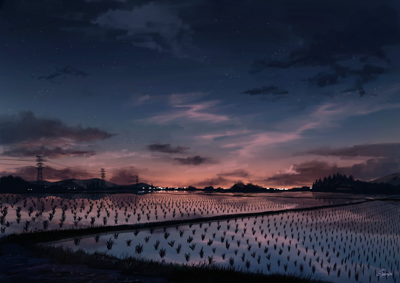 clouds dusk lights mountainous_horizon no_humans original outdoors papi_(papiron100) power_lines reflection rice_paddy rural scenery signature star_(sky) transmission_tower