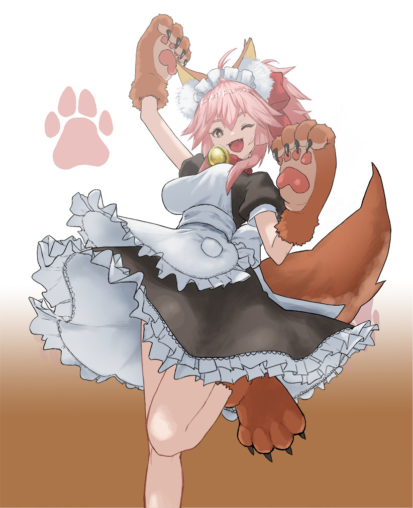 1girl animal_ears apron bell bell_collar breasts cat_hair_ornament cat_paws collar fangs fate/grand_order fate_(series) flasso fox_ears fox_tail gloves gradient gradient_background hair_ornament jingle_bell large_breasts long_hair looking_at_viewer looking_down maid_headdress one_eye_closed paw_gloves paw_shoes paws pink_hair ponytail shoes solo tail tamamo_(fate)_(all) tamamo_cat_(fate) yellow_eyes