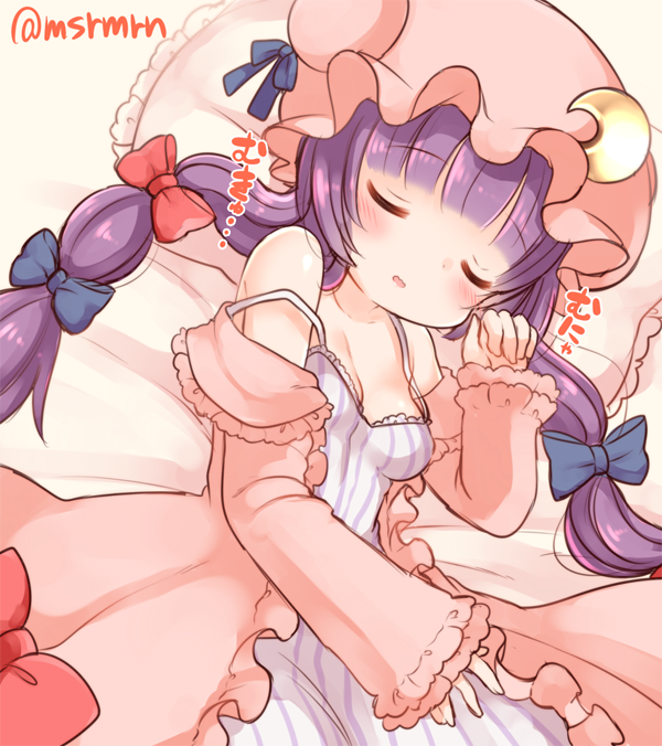 1girl bangs bare_shoulders bed_sheet black_bow blush bow breasts closed_eyes collarbone crescent double_bun dress eyebrows_visible_through_hair fingernails frilled_pillow frills hair_bow hat long_hair long_sleeves low_twintails lying marshmallow_mille medium_breasts mob_cap on_side parted_lips patchouli_knowledge pillow pink_dress pink_hat purple_hair red_bow sleeping sleeveless sleeveless_dress sleeves_past_wrists solo striped striped_dress touhou translation_request twintails twitter_username vertical-striped_dress vertical_stripes very_long_hair white_dress