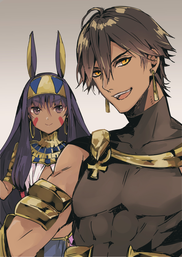 1boy 1girl :d bangs brown_hair closed_mouth dark_skin earrings egyptian eyebrows_visible_through_hair fate/prototype fate/prototype:_fragments_of_blue_and_silver fate_(series) hairband hoop_earrings jackal_ears jewelry looking_at_viewer nakayama_miyuki nitocris_(fate/grand_order) open_mouth ozymandias_(fate) purple_hair smile teeth violet_eyes yellow_eyes