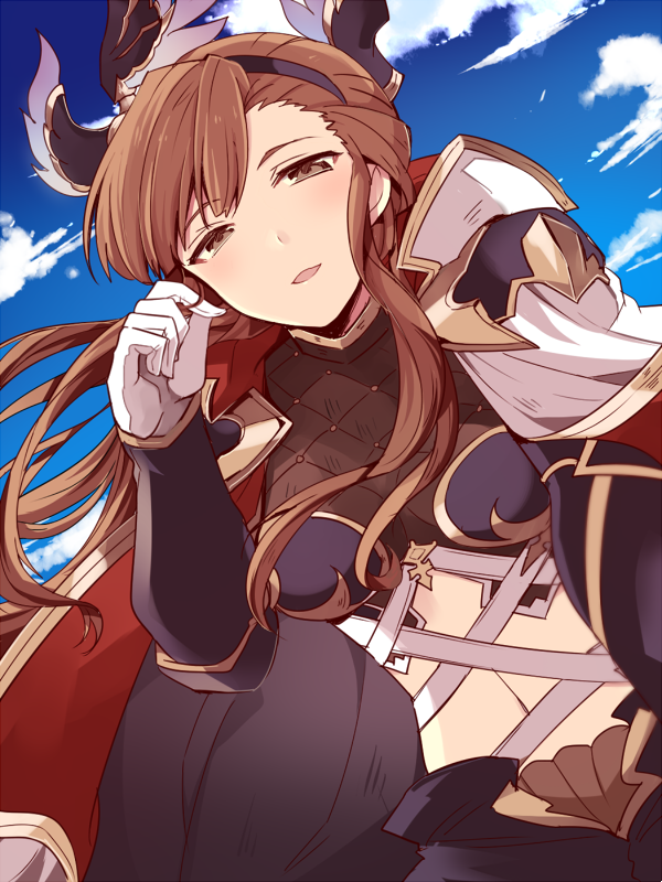 1girl blush_stickers brown_eyes brown_hair cape clouds cloudy_sky eyebrows_visible_through_hair gloves granblue_fantasy hair_ornament hairband hood looking_at_viewer navel nozomu144 sky smile solo song_(granblue_fantasy) wind