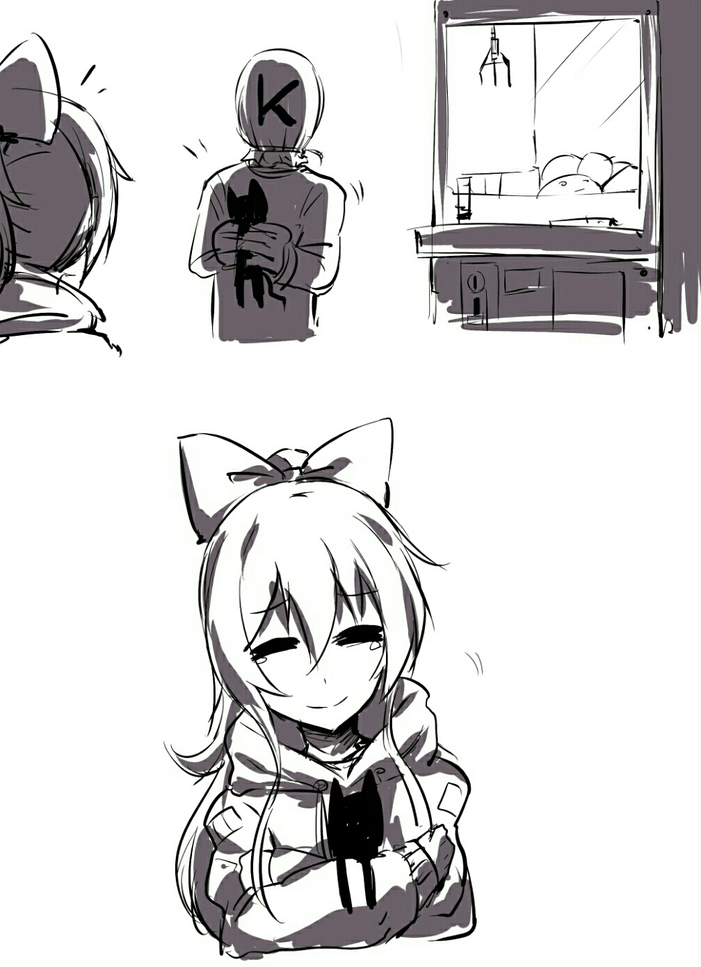 1boy 1girl chunk-san crane_game greyscale highres holding mask monochrome sketch smile stuffed_animal stuffed_cat stuffed_toy touhou yorigami_shion