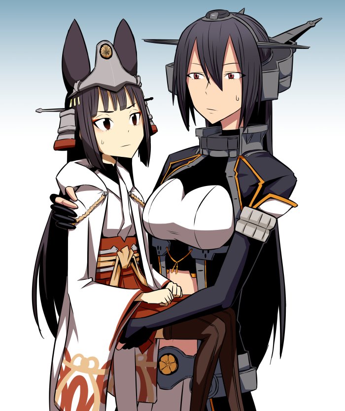 2girls animal_ears bangs birii blunt_bangs brown_eyes brown_hair character_request collar commentary_request copyright_request elbow_gloves girdle gloves gradient gradient_background hair_between_eyes headgear jacket japanese_clothes kantai_collection lifting_person long_hair long_sleeves midriff miko multiple_girls nagato_(kantai_collection) partly_fingerless_gloves remodel_(kantai_collection) size_difference wide_sleeves