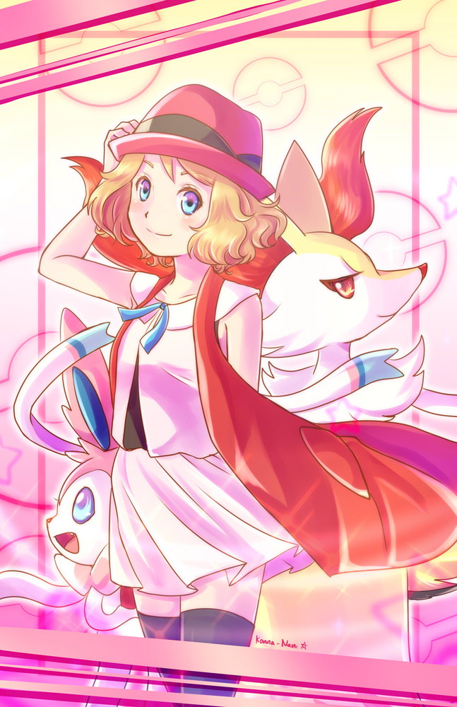 1girl :d adjusting_clothes adjusting_hat artist_name black_legwear blonde_hair blue_eyes braixen hand_up hat jacket konna-nani open_mouth pink_hat pokeball_symbol pokemon pokemon_(anime) pokemon_(creature) pokemon_(game) pokemon_xy pokemon_xy_(anime) red_eyes red_jacket serena_(pokemon) short_hair skirt smile standing sylveon thigh-highs white_skirt