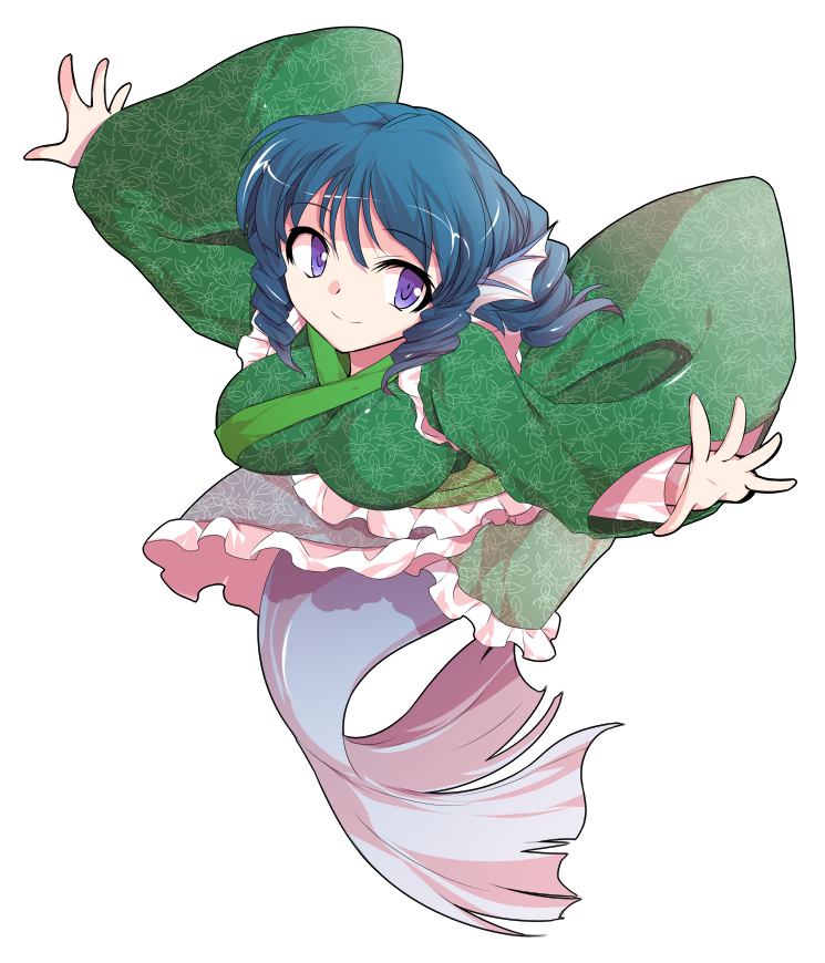 1girl alphes_(style) bangs bent_over blue_hair breasts closed_mouth dairi drill_hair frilled_kimono frills full_body green_kimono hair_between_eyes head_fins japanese_clothes kimono long_sleeves looking_away looking_to_the_side medium_breasts mermaid monster_girl outstretched_arms parody short_hair simple_background smile solo style_parody touhou transparent_background violet_eyes wakasagihime wide_sleeves