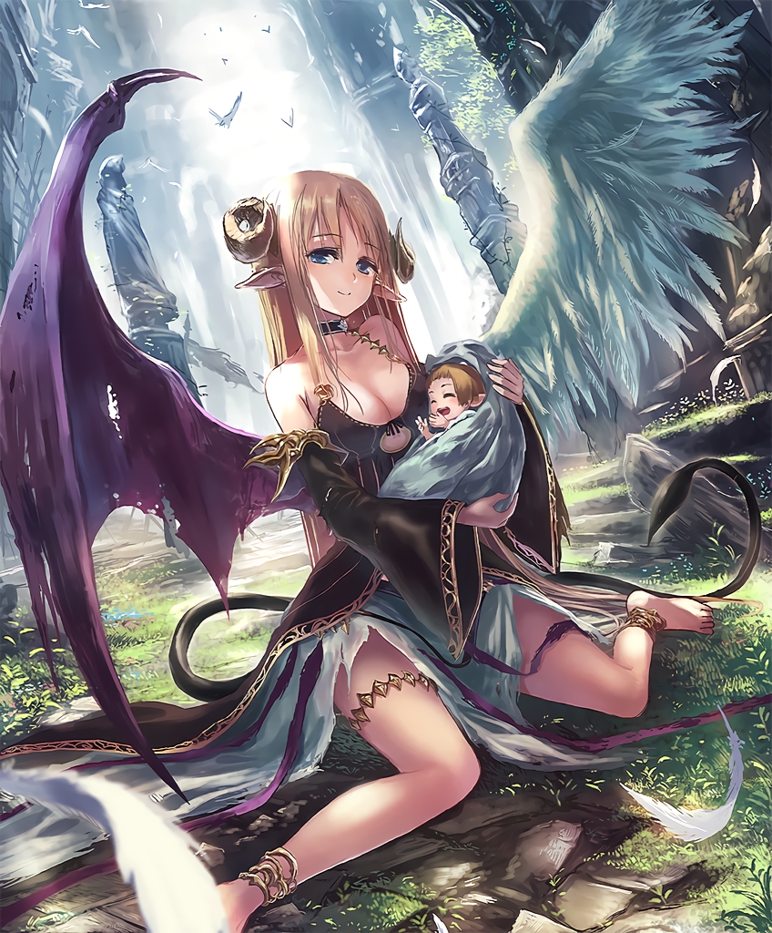 1girl angel_wings anklet artist_request asymmetrical_wings baby bird blonde_hair blue_eyes cygames demon_girl demon_horns demon_tail demon_wings detached_sleeves eyebrows_visible_through_hair feathers happy holding_baby horns jewelry long_hair looking_at_viewer official_art pointy_ears roan_winged_nexx ruins shadowverse shingeki_no_bahamut smile tail very_long_hair wings