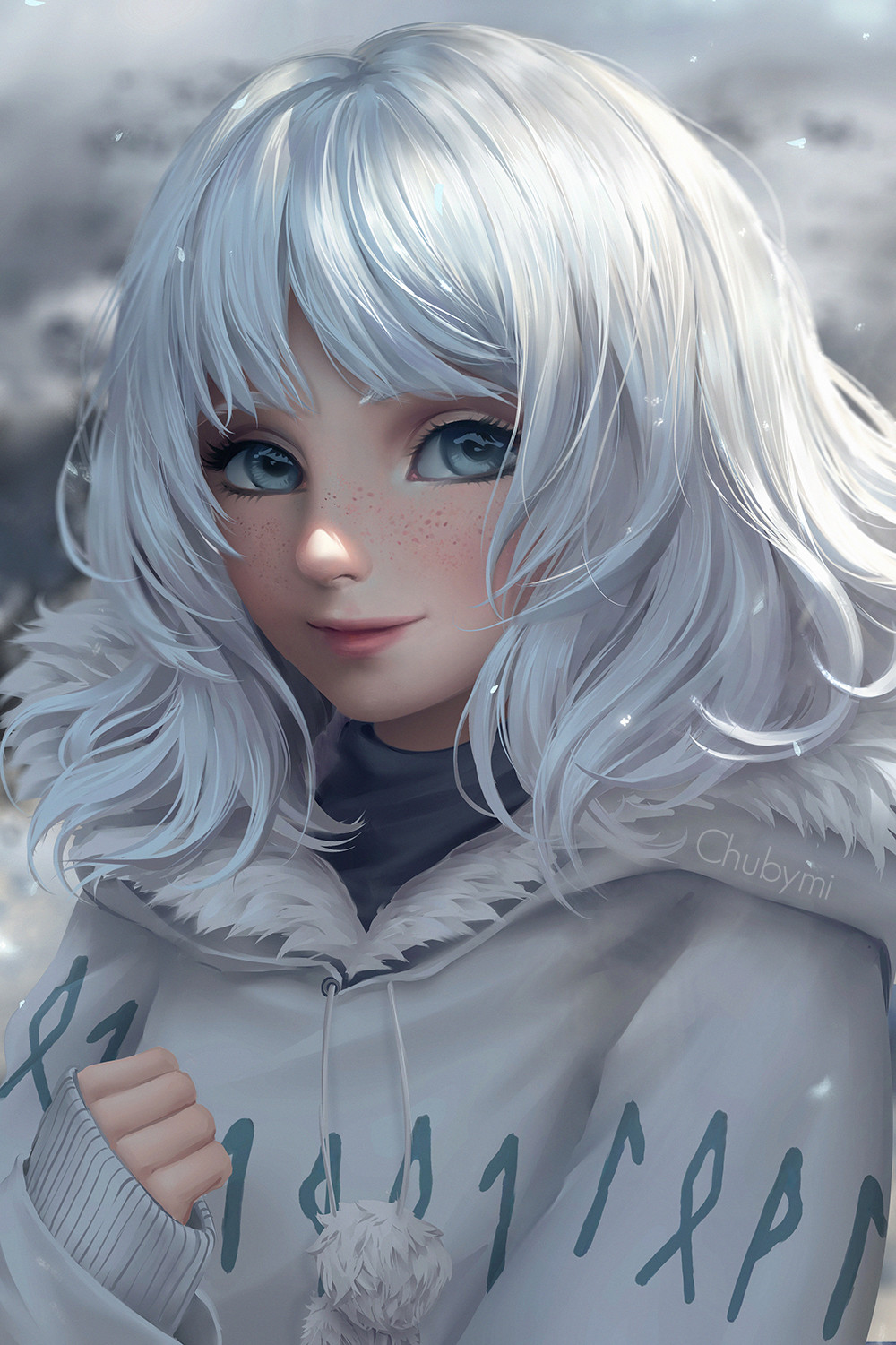 1girl bangs blue_eyes chuby_mi closed_mouth commentary drawstring eyelashes freckles fur_trim highres lips long_hair long_sleeves looking_at_viewer nose original pink_lips portrait solo white_coat white_hair