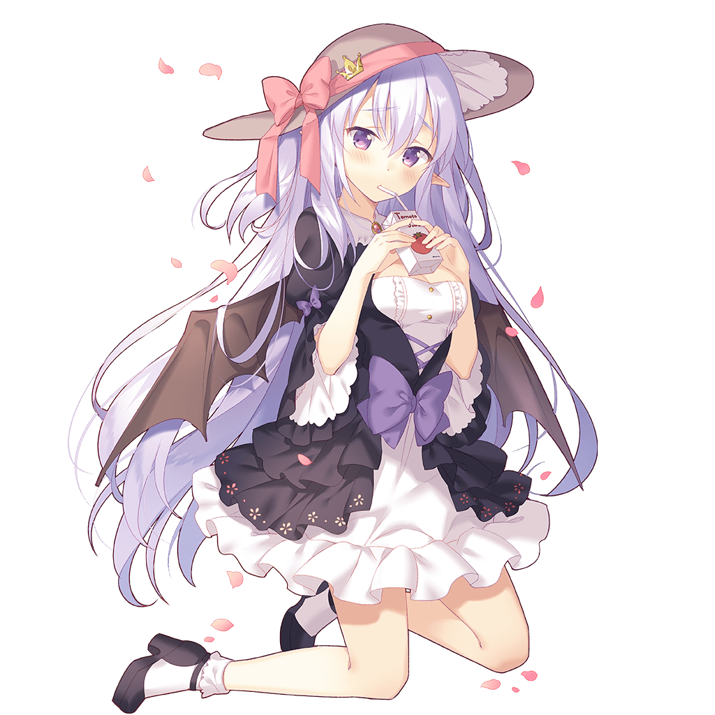 1girl bat_wings black_footwear black_wings blush breasts cleavage dress drink drinking drinking_straw eyebrows_visible_through_hair full_body hat juice_box kneeling lavender_hair long_hair looking_at_viewer medium_breasts miss_barbara official_art petals pointy_ears solo transparent_background uchi_no_hime-sama_ga_ichiban_kawaii violet_eyes white_legwear wings