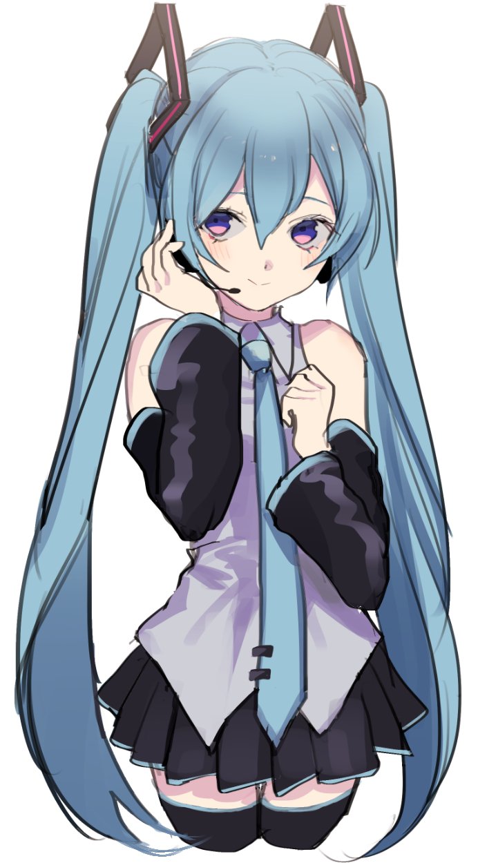 1girl bare_shoulders black_legwear black_skirt blue_hair blue_neckwear blush closed_mouth collared_shirt commentary cropped_legs detached_sleeves grey_shirt hair_between_eyes hand_on_headphones hands_up hatsune_miku headphones highres legs_together long_hair microphone necktie p2_(uxjzz) pleated_skirt shirt simple_background skirt sleeveless sleeveless_shirt smile solo standing thigh-highs twintails very_long_hair violet_eyes vocaloid white_background wing_collar zettai_ryouiki