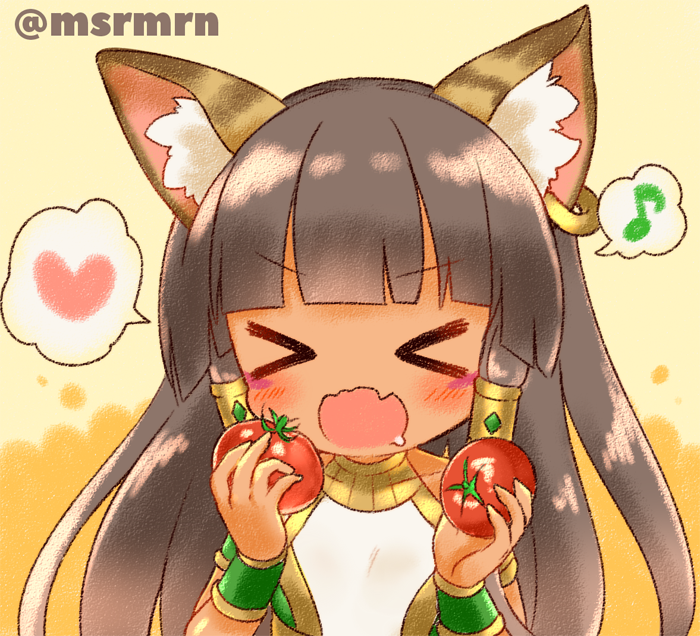 &gt;_&lt; 1girl animal_ears bangs bastet_(p&amp;d) blunt_bangs blush brown_hair cat_ears collarbone dark_skin drooling egyptian eyebrows_visible_through_hair facing_viewer fang food heart holding holding_food long_hair marshmallow_mille musical_note open_mouth puzzle_&amp;_dragons quaver saliva shirt sidelocks solo spoken_heart spoken_musical_note tomato twitter_username v-shaped_eyebrows very_long_hair white_shirt wrist_cuffs