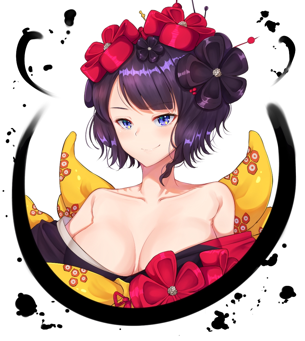 1girl band-width bare_shoulders blue_eyes blush breasts cleavage closed_mouth collarbone fate/grand_order fate_(series) flower hair_flower hair_ornament hair_stick ink japanese_clothes katsushika_hokusai_(fate/grand_order) kimono large_breasts looking_at_viewer off_shoulder open_clothes open_kimono portrait purple_hair shiny shiny_hair short_hair simple_background smile solo tsurime upper_body white_background
