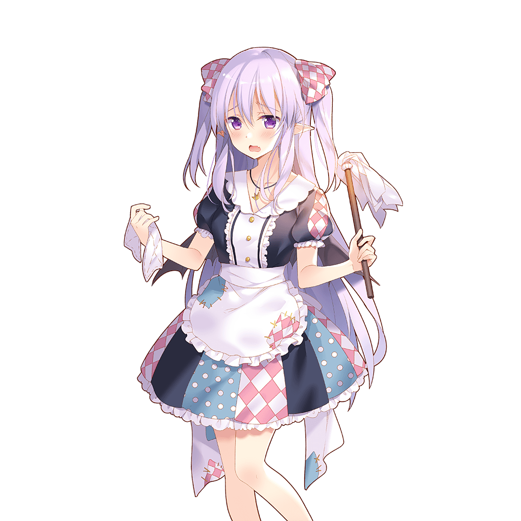1girl apron argyle bat_wings black_wings dress duster hair_ribbon holding jewelry lavender_hair long_hair miss_barbara necklace official_art patches pointy_ears polka_dot ribbon short_sleeves solo transparent_background two_side_up uchi_no_hime-sama_ga_ichiban_kawaii waist_apron wings