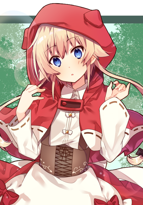 1girl :o animal_hood apron bangs black_bow blonde_hair blue_eyes blush bow capelet commentary_request corset eyebrows_visible_through_hair fingernails hair_between_eyes hair_bow hands_up head_tilt hood hood_up hooded_capelet little_red_riding_hood little_red_riding_hood_(grimm) long_hair long_sleeves looking_at_viewer omuretsu parted_lips red_capelet red_skirt ribbon-trimmed_capelet ribbon-trimmed_sleeves ribbon_trim shirt skirt solo very_long_hair waist_apron white_apron white_shirt